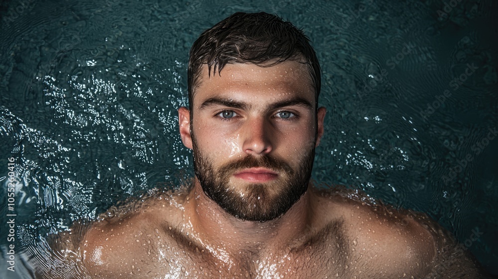 A close-up portrait of a man submerged in water, showcasing his intense gaze and wet hair against a backdrop of rippling waves. A close-up portrait of a man submerged in water, showcasing his intense gaze and wet hair against a backdrop of rippling waves.