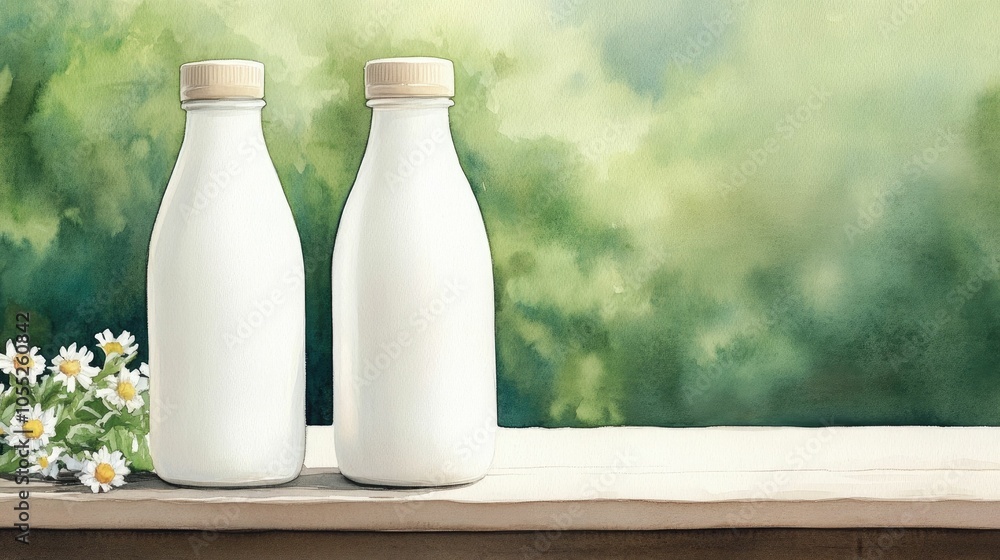 Watercolor painting of bottles of fresh milk and cream placed on a rustic wooden table surrounded by vibrant wildflowers and lush green foliage bathed in natural sunlight Watercolor painting of bottles of fresh milk and cream placed on a rustic wooden table surrounded by vibrant wildflowers and lush green foliage bathed in natural sunlight