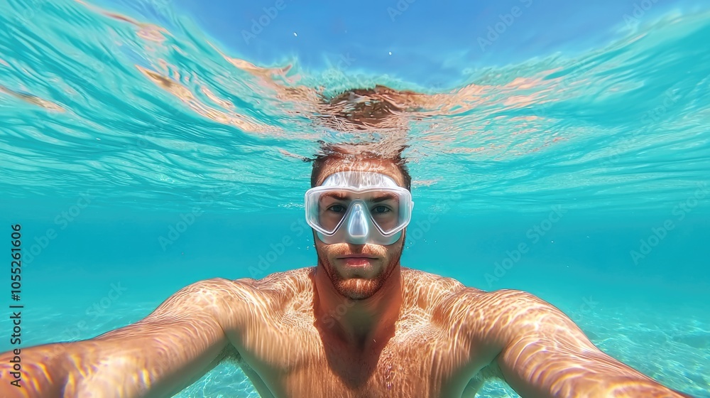 Fototapeta premium A selfie of a man underwater, wearing goggles, surrounded by clear blue water, capturing a refreshing aquatic experience.