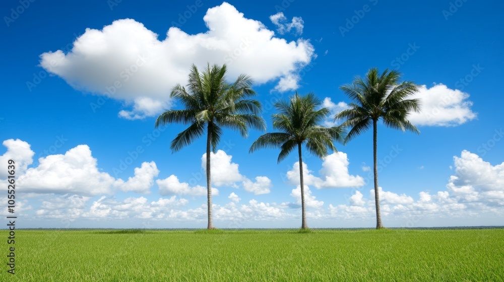 Palm Trees Green Grass Blue Sky and White Clouds Landscape Palm Trees Green Grass Blue Sky and White Clouds Landscape