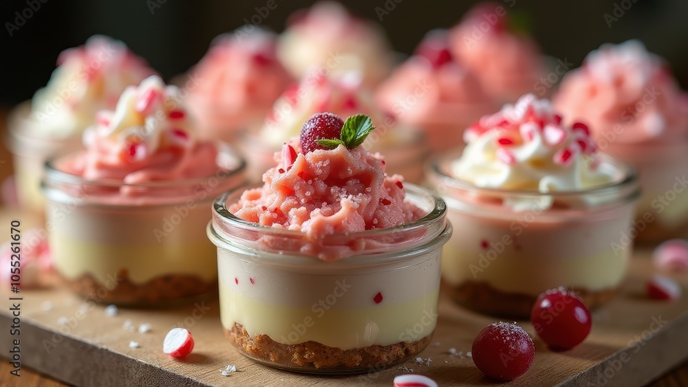 Colorful dessert jars with layers of creamy mousse and whipped topping, garnished with berries and mint, placed on a wooden board. Colorful dessert jars with layers of creamy mousse and whipped topping, garnished with berries and mint, placed on a wooden board.