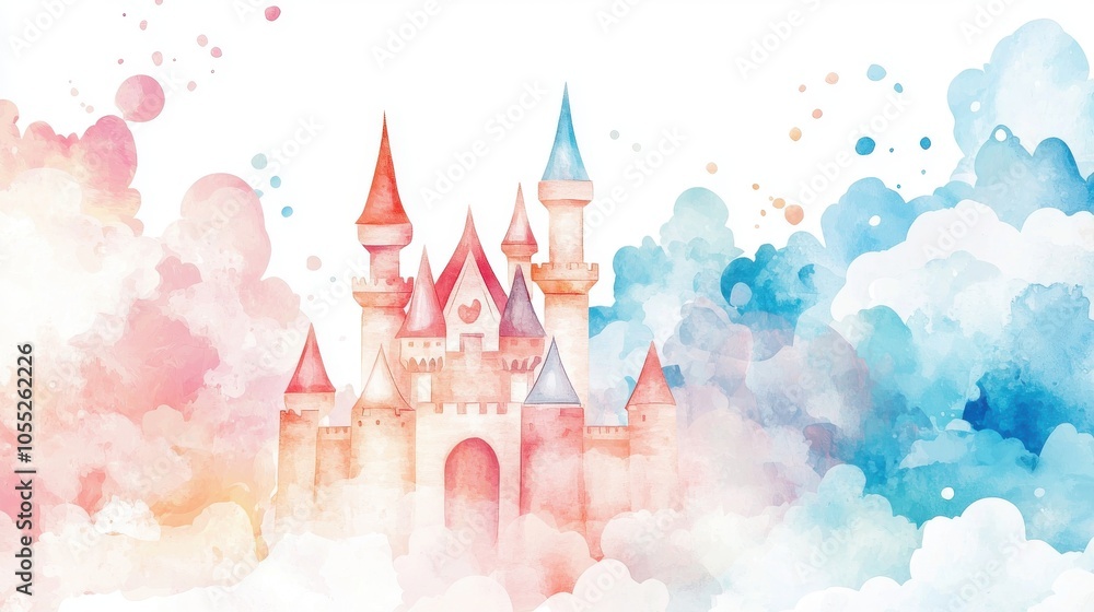 Enchanting watercolor castle surrounded by soft pastel clouds, perfect for dreamy illustrations and magical designs. Enchanting watercolor castle surrounded by soft pastel clouds, perfect for dreamy illustrations and magical designs.