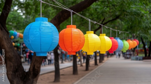 Colorful Paper Lanterns Hanging in Park Pathway