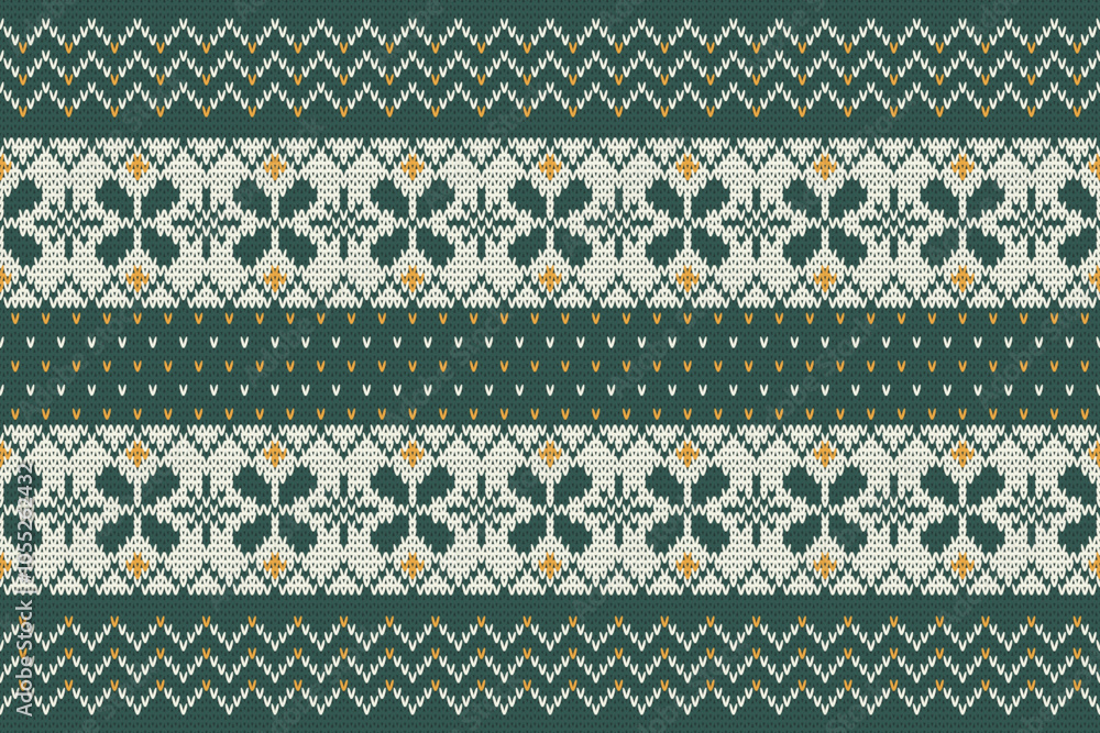 Knitting geometric seamless pattern merry Christmas green fabric ornament. Fabric flower seamless pattern.Vector illustration. Ikat ethnic oriental embroidery,baroque.design for texture,clothing Knitting geometric seamless pattern merry Christmas green fabric ornament. Fabric flower seamless pattern.Vector illustration. Ikat ethnic oriental embroidery,baroque.design for texture,clothing