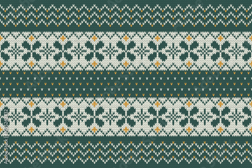 Knitting geometric seamless pattern merry Christmas green fabric ornament. Fabric flower seamless pattern.Vector illustration. Ikat ethnic oriental embroidery,baroque.design for texture,clothing