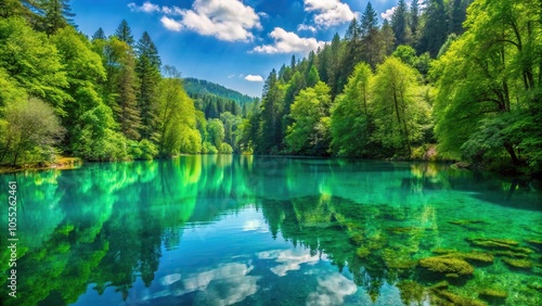 A tranquil lake with crystal clear turquoise waters reflecting the surrounding trees and lush greenery in a serene forest setting, stillness, organic landscape, water reflection, serenity, peaceful