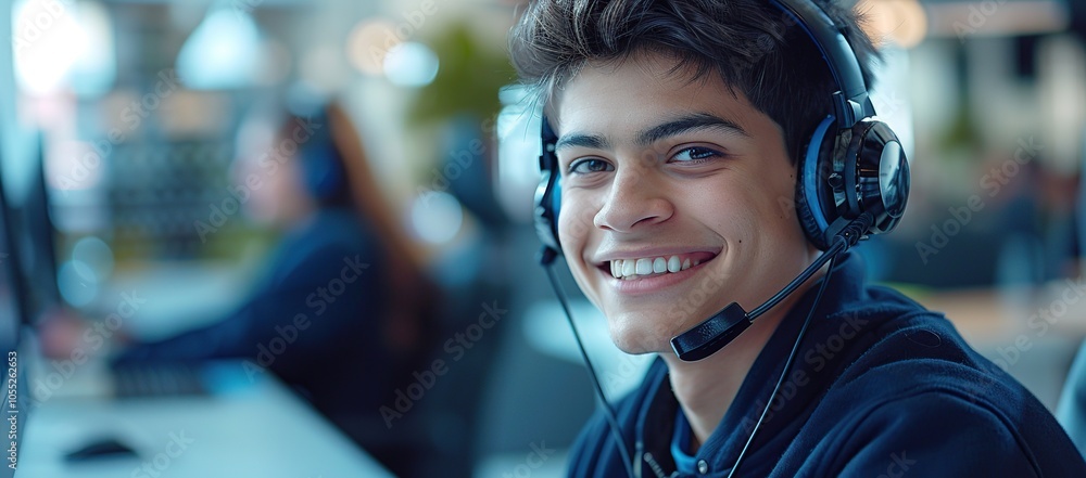 Smiling Teenager Wearing Headphones and Looking at the Camera Smiling Teenager Wearing Headphones and Looking at the Camera