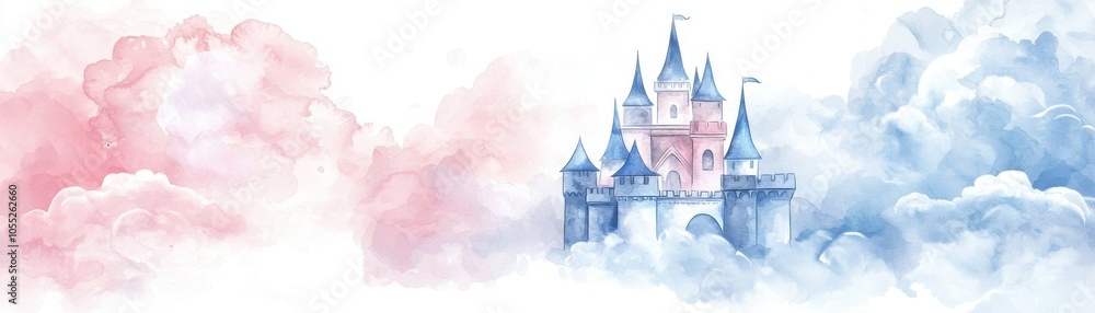 Obraz premium Whimsical watercolor castle emerging from dreamy clouds, offering a magical atmosphere perfect for fantasy-themed projects.