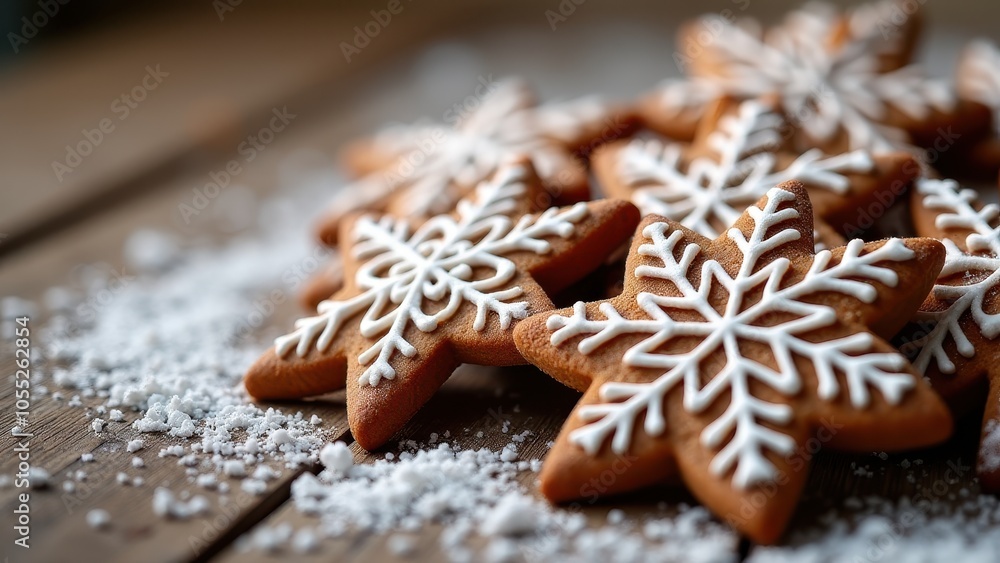 Snowflake-shaped cookies adorned with powdered sugar rest on a wooden table, evoking a festive winter atmosphere and sweet holiday delight. Snowflake-shaped cookies adorned with powdered sugar rest on a wooden table, evoking a festive winter atmosphere and sweet holiday delight.