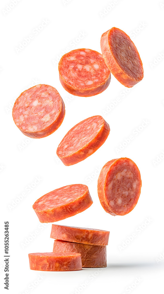 Sausage slices floating on white background Sausage slices floating on white background