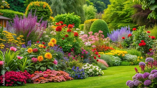 A vibrant and colorful garden filled with various types of flowers, shrubs, and greenery, set against a bright green background, flower gardens, garden scenery, green background, colorful blooms, 