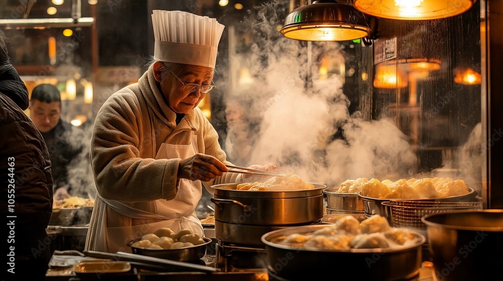 An elderly chef works diligently at a street market, crafting steamed dumplings amidst a cloud of steam, surrounded by eager customers in the evening glow An elderly chef works diligently at a street market, crafting steamed dumplings amidst a cloud of steam, surrounded by eager customers in the evening glow