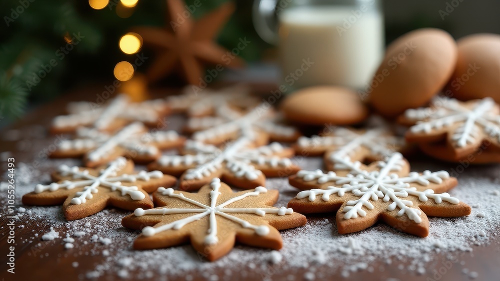 Snowflake-shaped gingerbread cookies, decorated with white icing, are arranged on parchment paper with warm, glowing lights in the background. Snowflake-shaped gingerbread cookies, decorated with white icing, are arranged on parchment paper with warm, glowing lights in the background.
