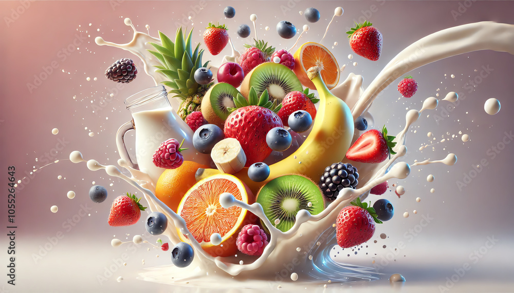Various fresh fruits being splashed by creamy white milk Various fresh fruits being splashed by creamy white milk