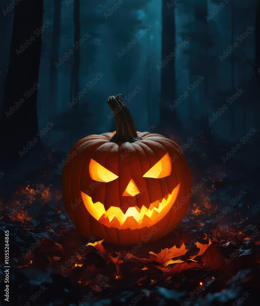 Halloween pumpkin glowing in a spooky forest at night Halloween pumpkin glowing in a spooky forest at night