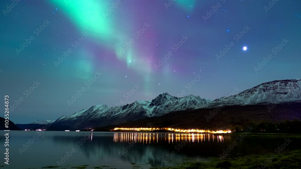Stunning vivid aurora borealis flaring in sky over snowy mountains, nightlapse Stunning vivid aurora borealis flaring in sky over snowy mountains, nightlapse