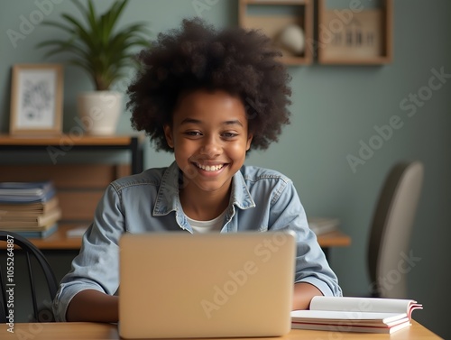 create a realistic, advertisement style full body portrait of a happy young ecuadorian student studying on a laptop