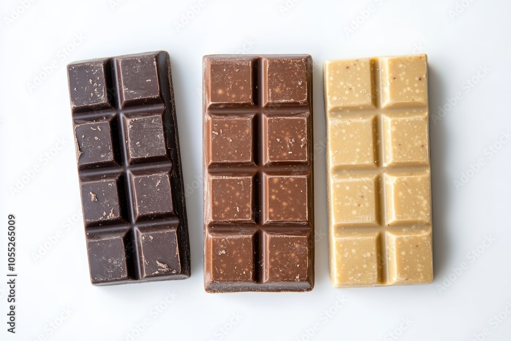 Dark, milk and white chocolate bars creating a delicious contrast on white background Dark, milk and white chocolate bars creating a delicious contrast on white background