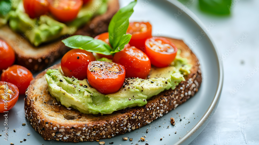 Whole grain toast topped with smashed avocado and cherry tomatoes Whole grain toast topped with smashed avocado and cherry tomatoes