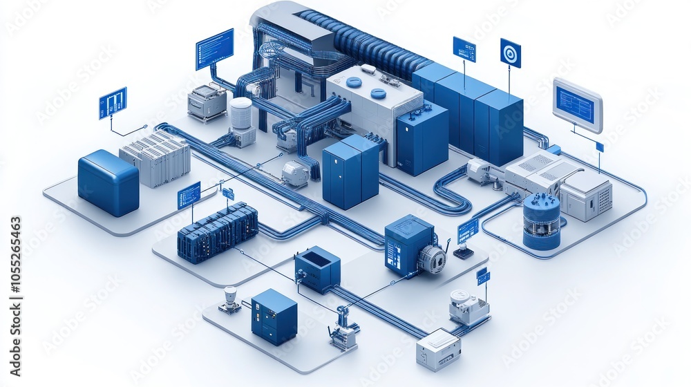 Isometric Illustration of an Automated Industrial Production Line with Interconnected Machines and Components Isometric Illustration of an Automated Industrial Production Line with Interconnected Machines and Components