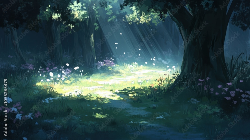 Obraz premium The forest floor glows with soft sunlight breaking through the trees, offering a calm, clear space for text.