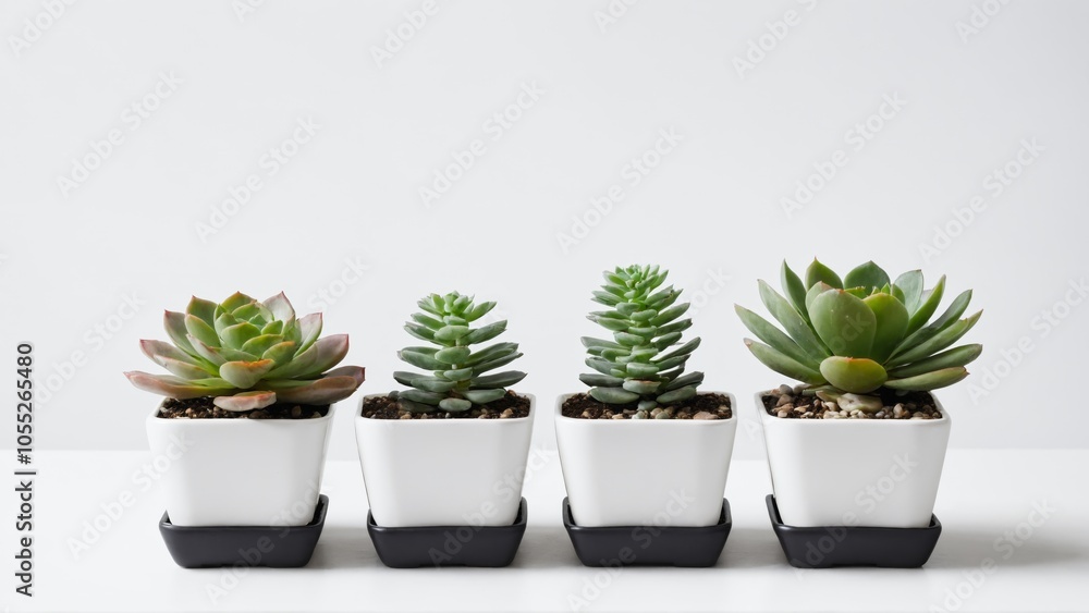 Four succulents in white square pots with black saucers arranged in a row Four succulents in white square pots with black saucers arranged in a row