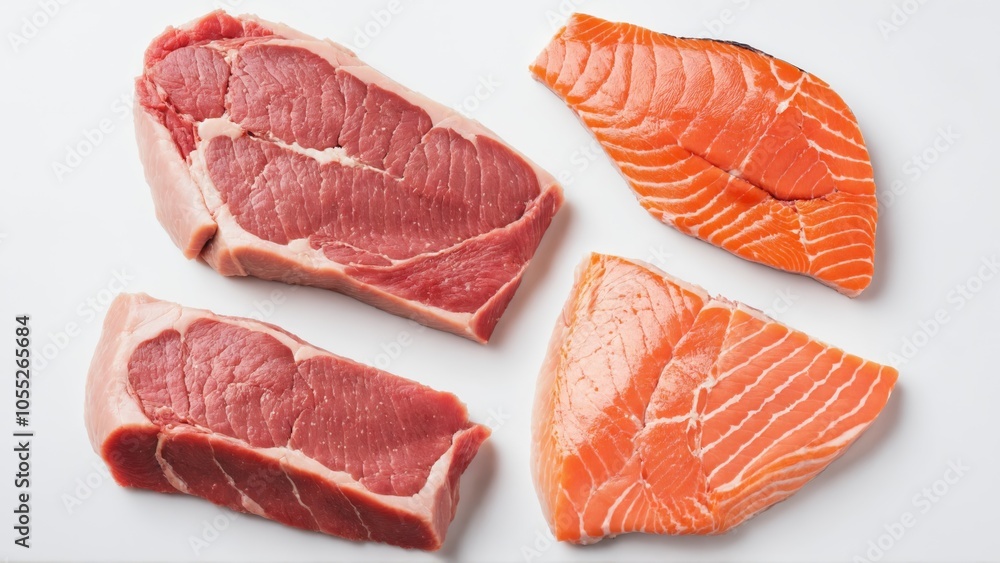 Two beef steaks and two salmon fillets arranged on a white surface Two beef steaks and two salmon fillets arranged on a white surface