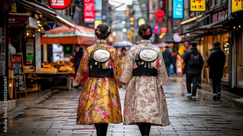Naklejka premium Two women dressed in colorful traditional attire stroll hand in hand along a lively market street illuminated by colorful signs on a rainy evening