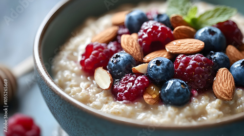 Bowl of oatmeal topped with almonds, berries, and honey