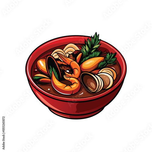 A meticulously crafted vector illustration of a steaming bowl of traditional bouillabaisse, showcasing its vibrant, rich ingredients and the authentic French culinary experience.