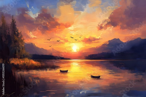Beautiful Painting Showing Sunset on the Lake Illustration