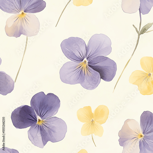 Minimalist watercolor violets in soft purple and yellow, gently scattered on a light background, seamless repeat photo