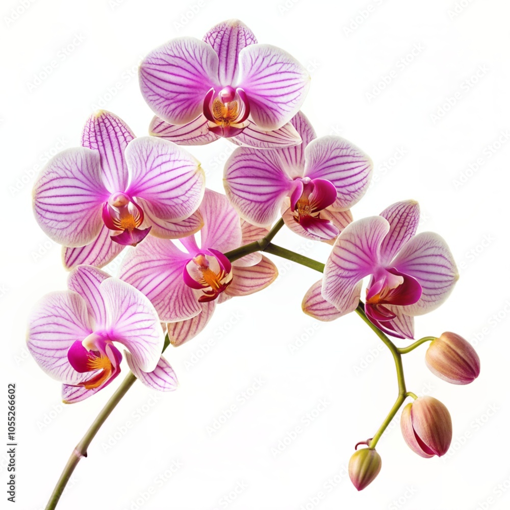Obraz premium A branch with pink orchid flowers is isolated on a white background.