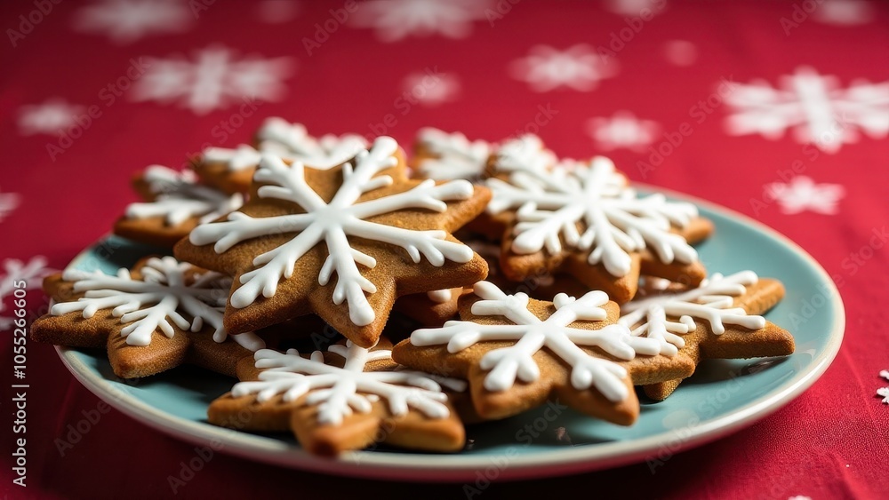 Plate of star-shaped gingerbread cookies with white icing, on a red cloth backdrop. Festive decorations and creamy dip in background enhance holiday feel. Plate of star-shaped gingerbread cookies with white icing, on a red cloth backdrop. Festive decorations and creamy dip in background enhance holiday feel.