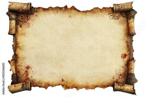 Aged paper with border  stains  smudges  isolated on white. photo