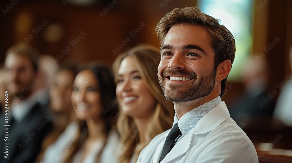 A joyful man smiles during a formal event, surrounded by a diverse group of people also expressing happiness. A joyful man smiles during a formal event, surrounded by a diverse group of people also expressing happiness.