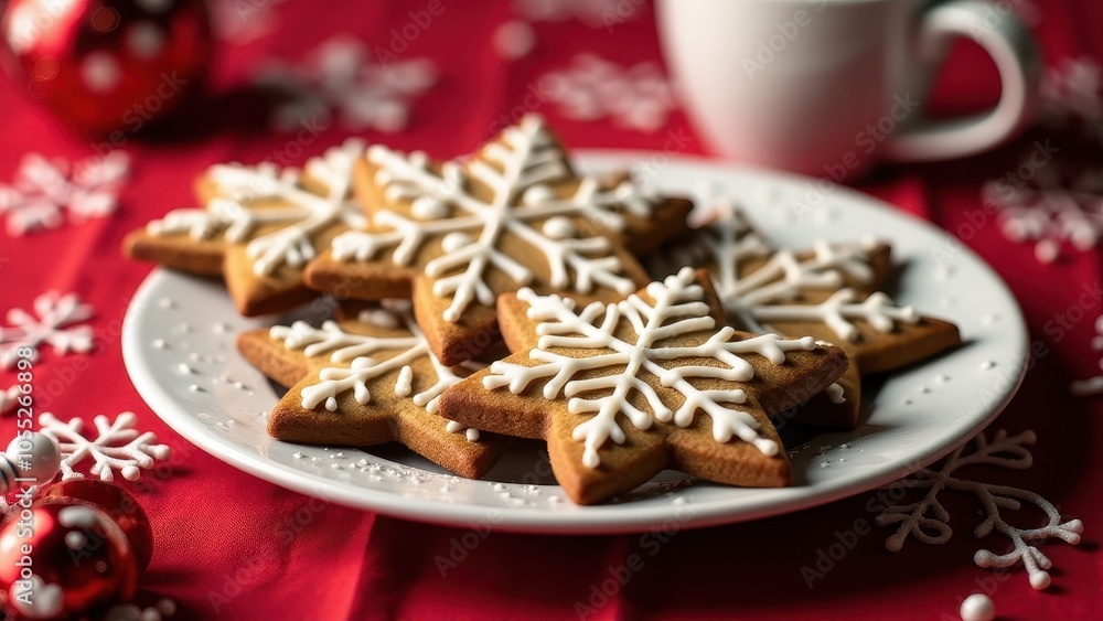 Plate of star-shaped gingerbread cookies with white icing, on a red cloth backdrop. Festive decorations and creamy dip in background enhance holiday feel. Plate of star-shaped gingerbread cookies with white icing, on a red cloth backdrop. Festive decorations and creamy dip in background enhance holiday feel.