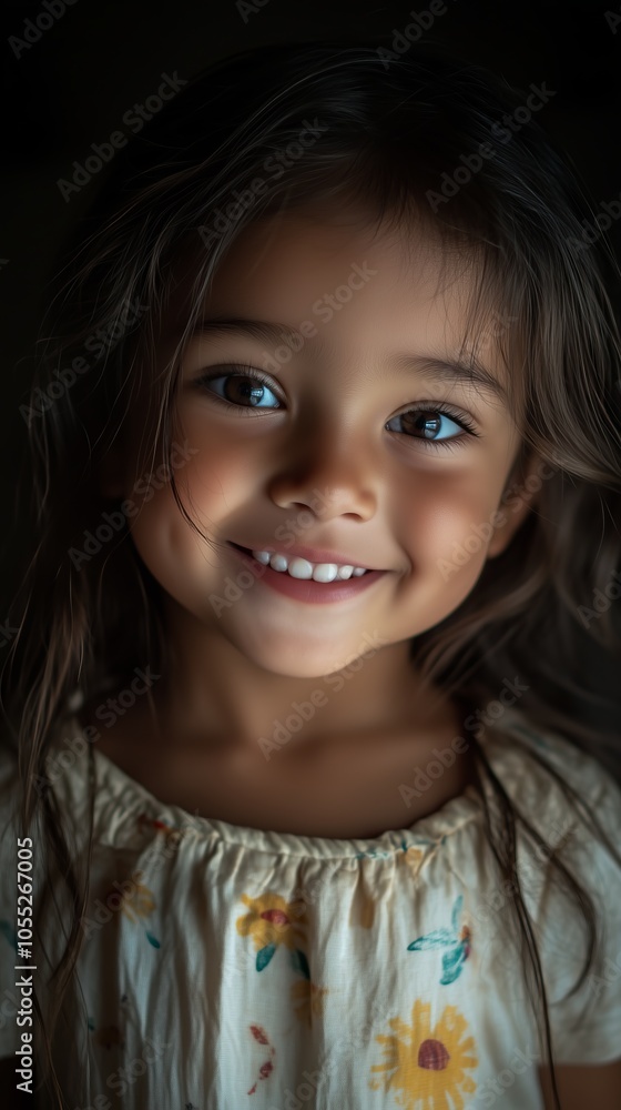 Close-up of a young girl beaming with happiness, wearing a white dress with colorful floral patterns, against a dark background. Close-up of a young girl beaming with happiness, wearing a white dress with colorful floral patterns, against a dark background.