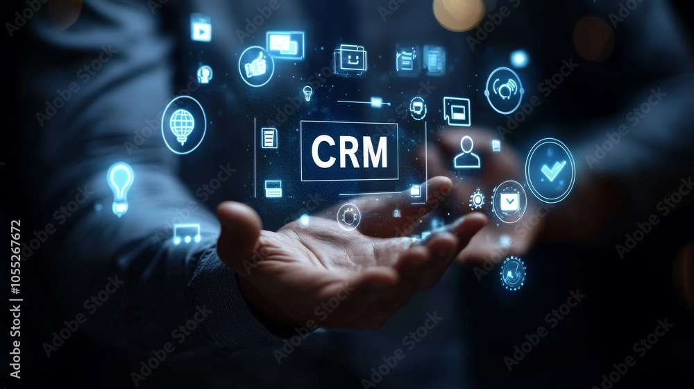 CRM Customer Relationship Management in hologram holding hand businessman, Business, Technology, Internet and network concept CRM Customer Relationship Management in hologram holding hand businessman, Business, Technology, Internet and network concept