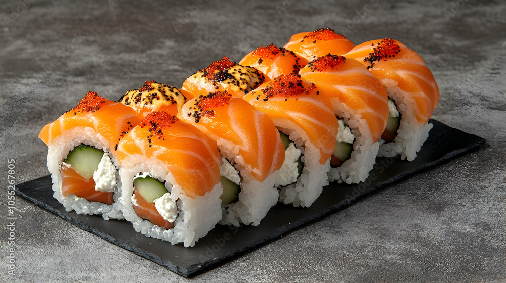 Salmon Sushi Rolls with Cucumber and Cream Cheese on Slate Plate, maki, rice, seaweed, nori, black sesame seeds Salmon Sushi Rolls with Cucumber and Cream Cheese on Slate Plate, maki, rice, seaweed, nori, black sesame seeds
