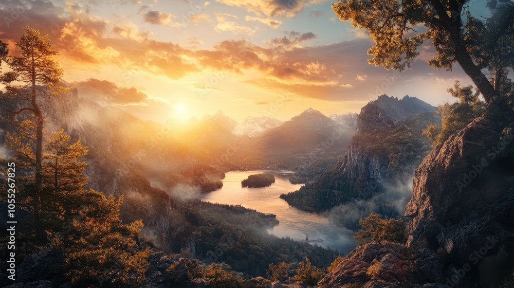 Fototapeta premium Mountain Lake Sunset with Misty Peaks