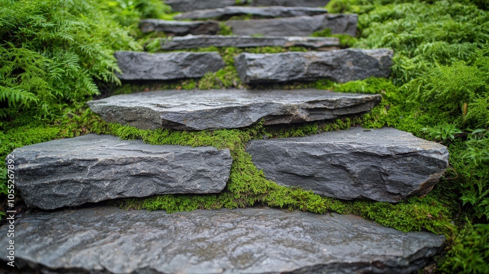 Elegant stone pathway surrounded by lush greenery in a serene garden setting Elegant stone pathway surrounded by lush greenery in a serene garden setting