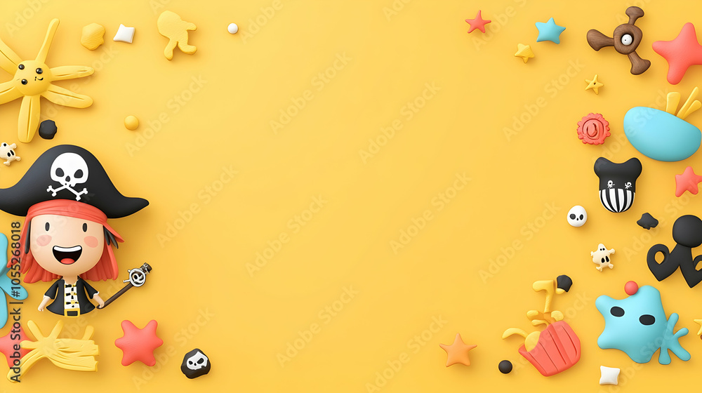 Cute Pirate Girl with Yellow Background and Cartoon Objects, 3d, space, copy space, blank, design Cute Pirate Girl with Yellow Background and Cartoon Objects, 3d, space, copy space, blank, design