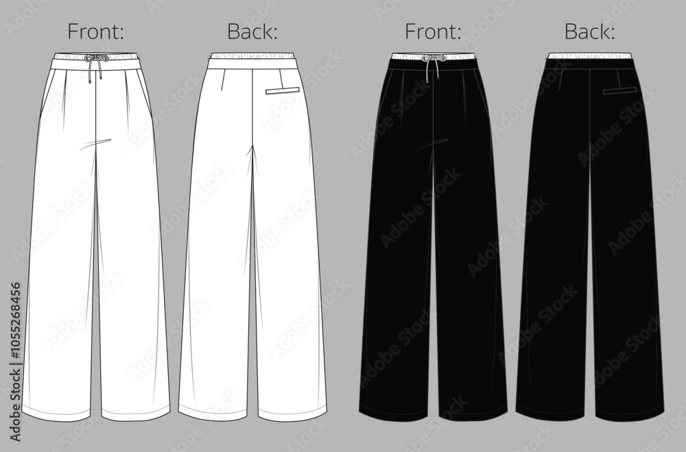 Vector woman tailor or linen jogger technical drawing, classic style pants with waistband and welt pockets detail fashion CAD, template, sketch, flat. Woman trousers with front, back view, white color Vector woman tailor or linen jogger technical drawing, classic style pants with waistband and welt pockets detail fashion CAD, template, sketch, flat. Woman trousers with front, back view, white color