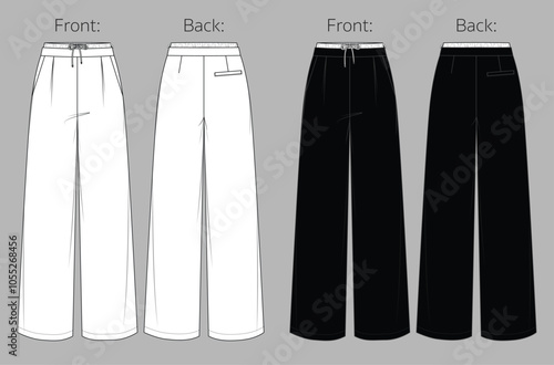 Vector woman tailor or linen jogger technical drawing, classic style pants with waistband and welt pockets detail fashion CAD, template, sketch, flat. Woman trousers with front, back view, white color