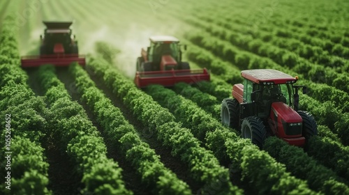 Three agriculture machinery harvesting herbs in a green agricultural field