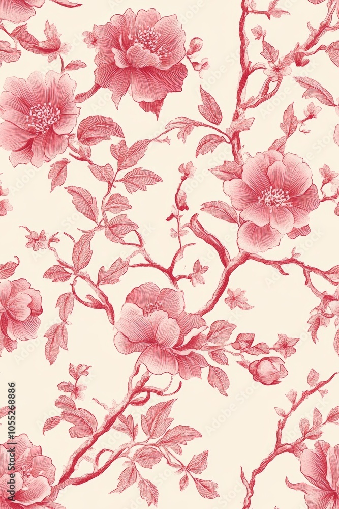 pink floral chinoiserie line drawing pink floral chinoiserie line drawing