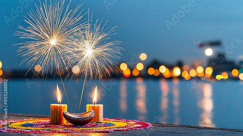 A serene night scene featuring candles, colorful decorations, and sparklers, reflecting a festive atmosphere by the water. photo