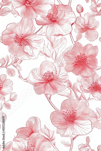 pink floral chinoiserie line drawing