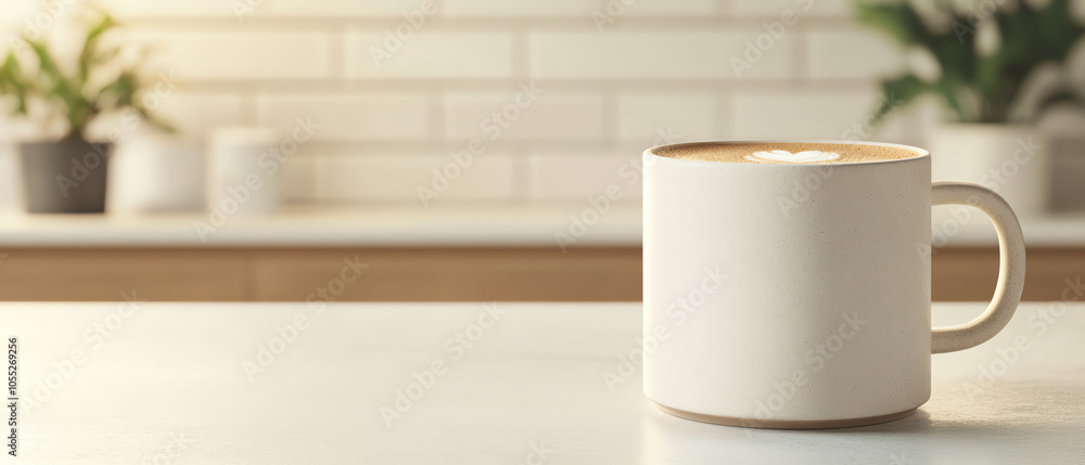 A close-up of a white coffee mug filled with latte art on a minimalist kitchen countertop, surrounded by plants and warm natural light. A close-up of a white coffee mug filled with latte art on a minimalist kitchen countertop, surrounded by plants and warm natural light.